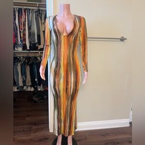 Long Sleeve V-Neck Striped Midi Dress in Earth Tones. Sz S. Great Stretch & Fit.